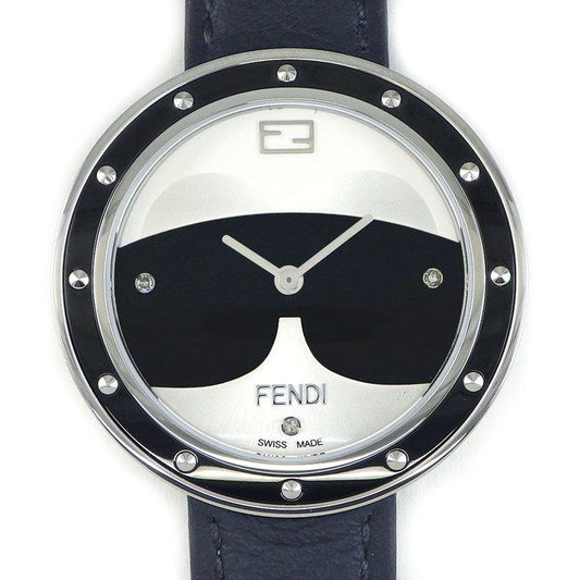 Fendi Watch My Way Black Silver Dial Leather Strap SS Quartz Analog