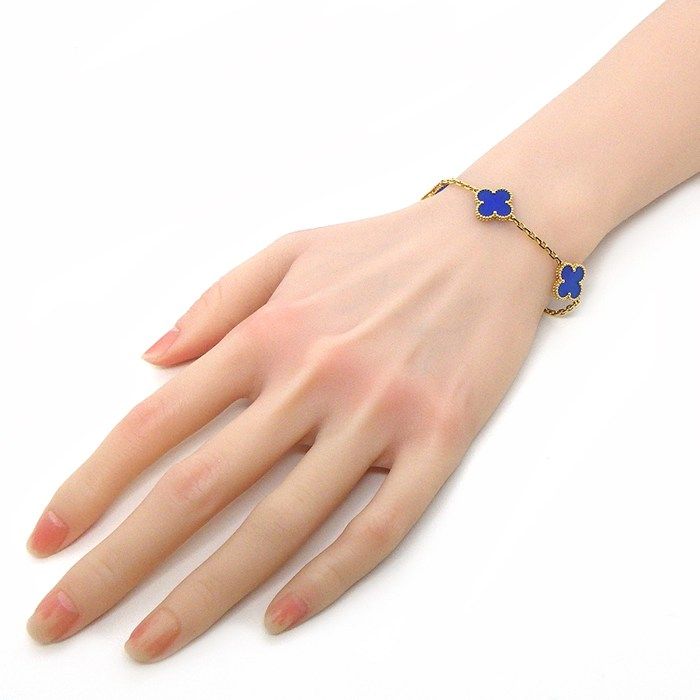 Van Cleef & Arpels Vintage Alhambra 5 Motif Blue Agate 18K Yellow Gold Bracelet — view 7