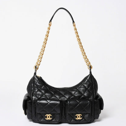 Chanel Large Hobo Stand CC Logo Lambskin Black