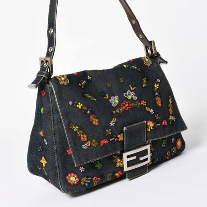 Fendi Mamma Baguette Bag Flower Motif Beads Denim Navy Silver — view 3