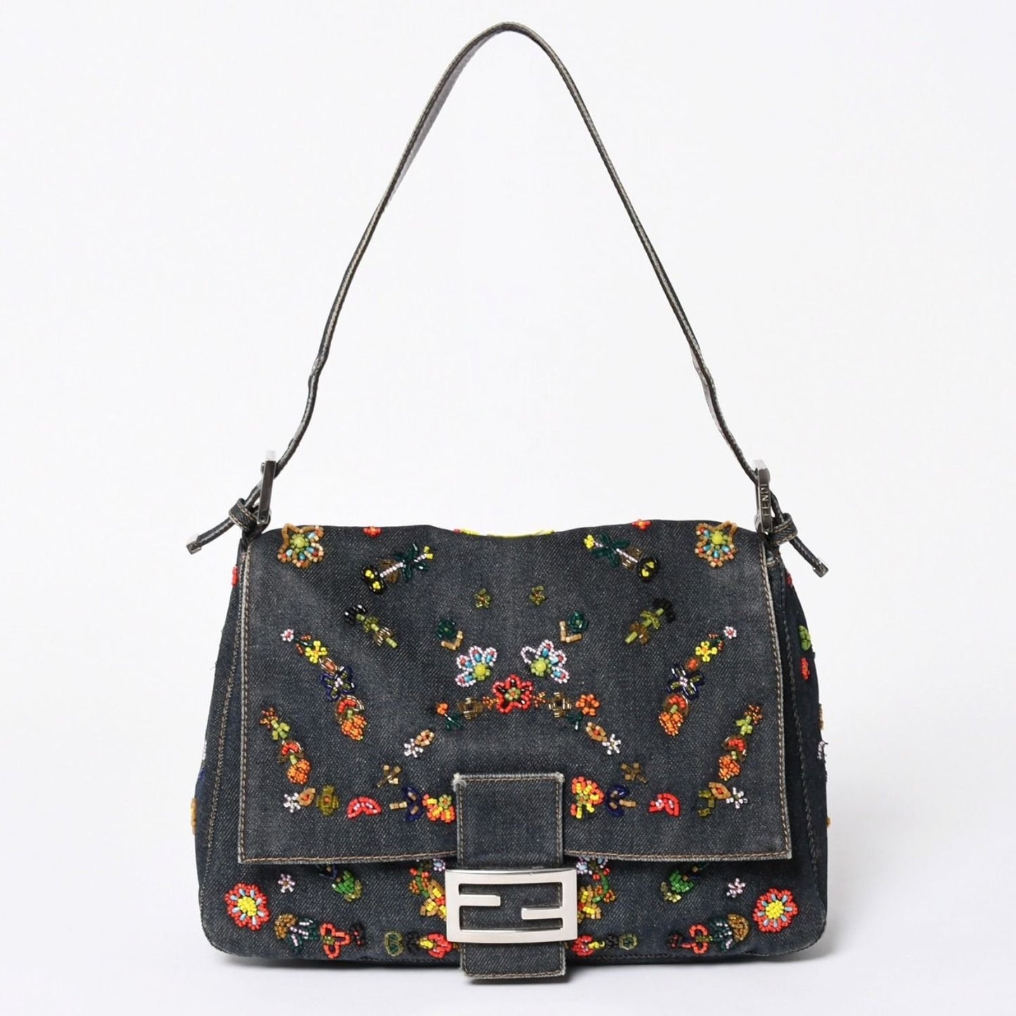 Fendi Mamma Baguette Bag Flower Motif Beads Denim Navy Silver