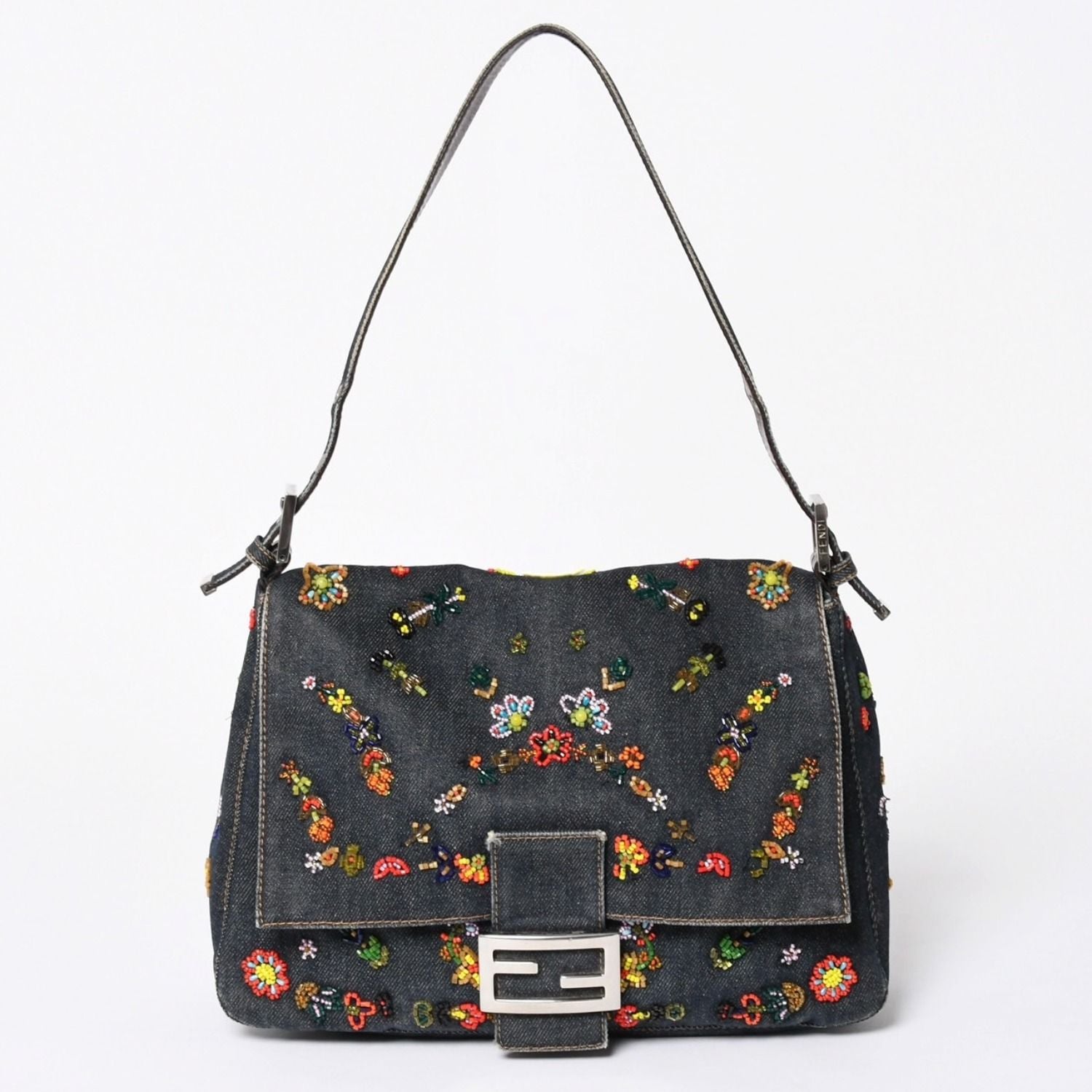 Fendi Mamma Baguette Bag Flower Motif Beads Denim Navy Silver