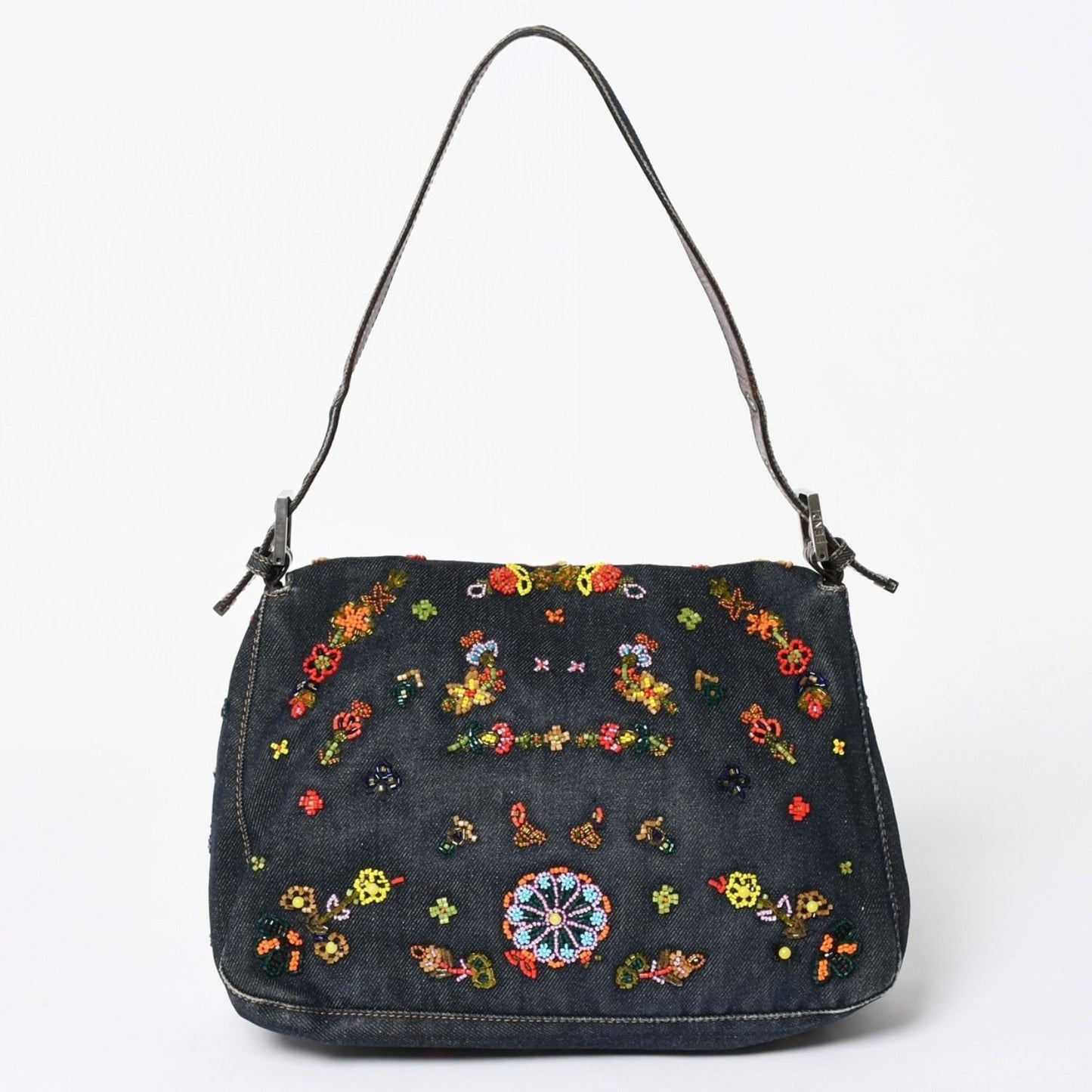 Fendi Mamma Baguette Bag Flower Motif Beads Denim Navy Silver — view 2