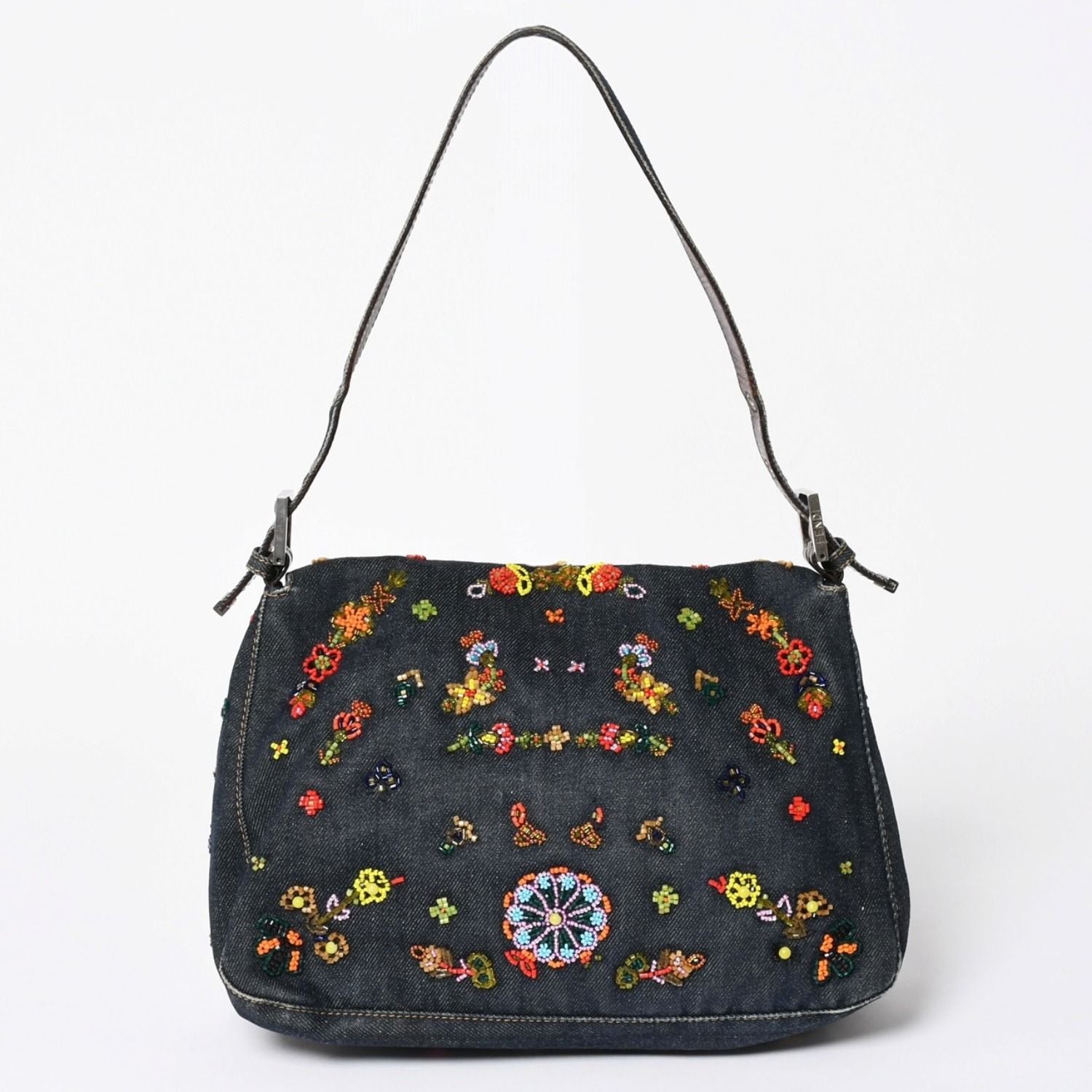 Fendi Mamma Baguette Bag Flower Motif Beads Denim Navy Silver — view 2