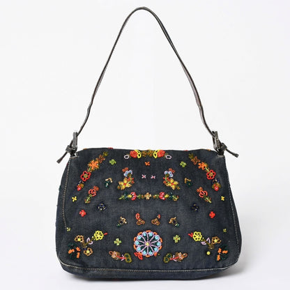 Fendi Mamma Baguette Bag Flower Motif Beads Denim Navy Silver — view 2