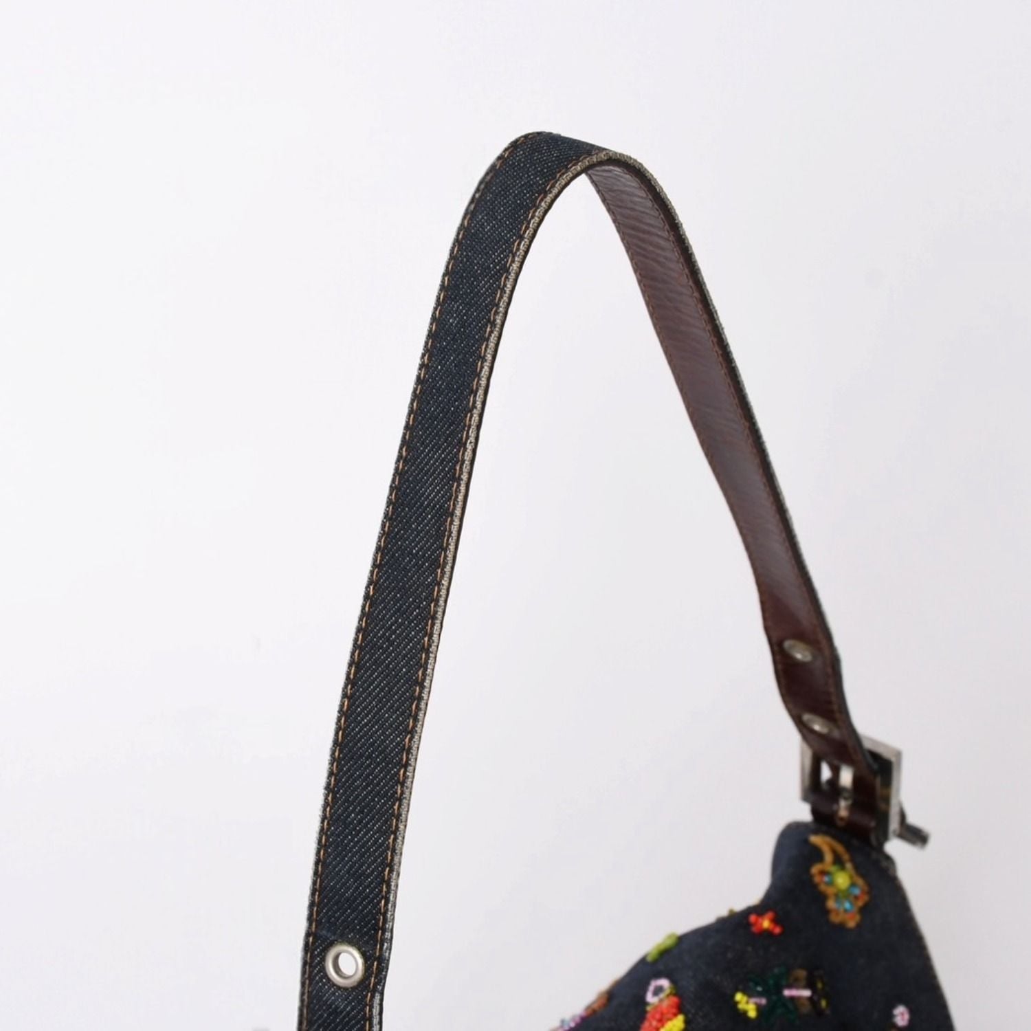 Fendi Mamma Baguette Bag Flower Motif Beads Denim Navy Silver — view 5