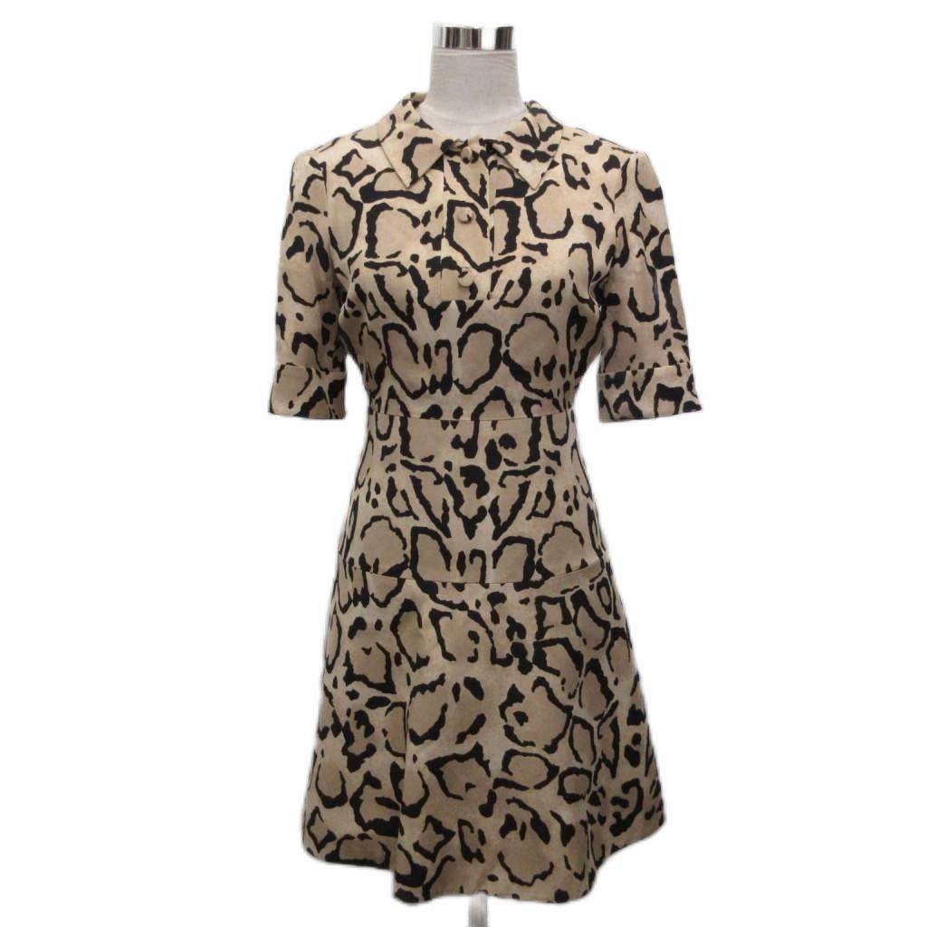 Gucci Silk Dress Short Sleeve Calfskin Long Leopard Print 100% 38 Beige Black