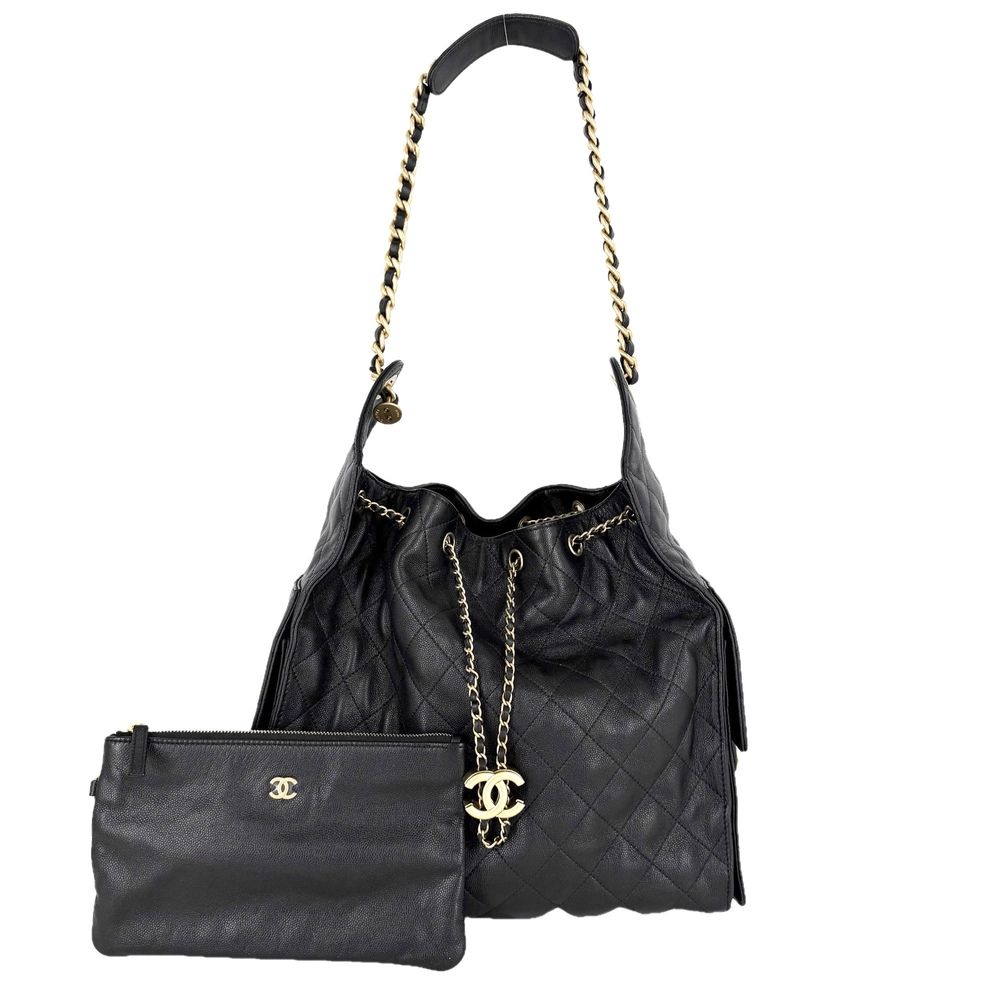 Chanel Handbag Quilted 25 Shoulder Bag CC Logo Caviar Leather Black Gold Vintage