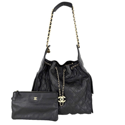 Chanel Handbag Quilted 25 Shoulder Bag CC Logo Caviar Leather Black Gold Vintage