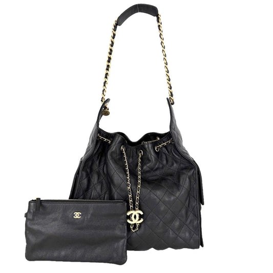 Chanel Handbag Quilted 25 Shoulder Bag CC Logo Caviar Leather Black Gold Vintage