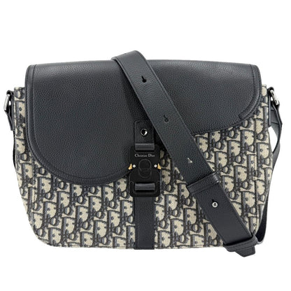 Dior Shoulder Bag with Oblique Saddle Flap Crossbody Leather Canvas Black Beige