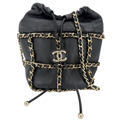 Chanel Shoulder Bag Chain Bag Crossbody Lambskin Black Gold Vintage