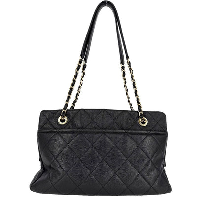 Chanel Handbag Quilted Chain Tote CC Logo Shoulder Caviar Leather Black Gold — view 2
