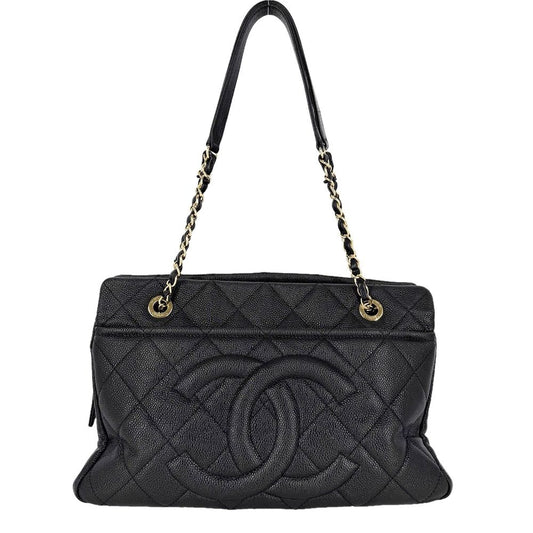 Chanel Handbag Quilted Chain Tote CC Logo Shoulder Caviar Leather Black Gold