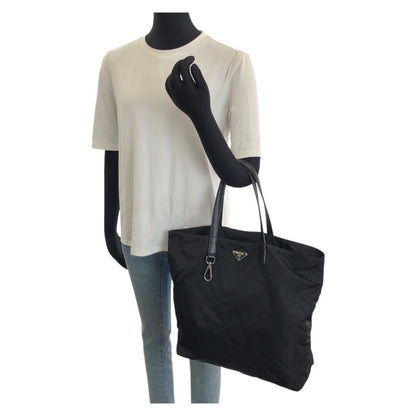 Prada Tessuto Saffiano Black Silver Nylon Leather Tote Bag — view 7