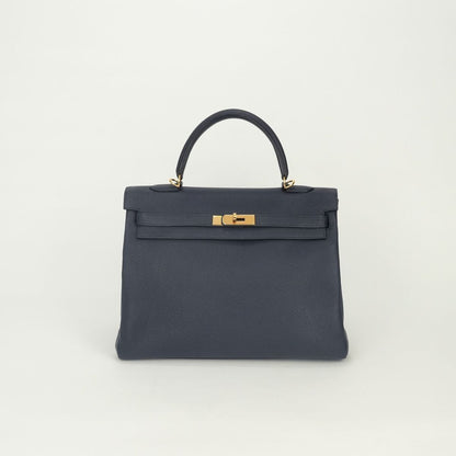 Hermes Kelly 35 Tote Shoulder Bag Togo Blue Bleu Nuit Navy Gold Handle 2-Way
