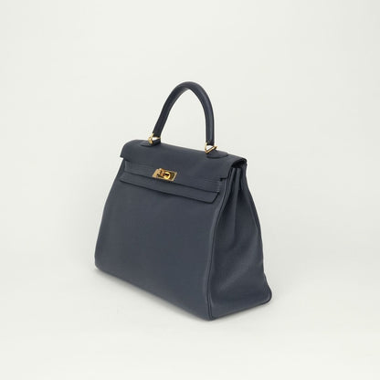 Hermes Kelly 35 Tote Shoulder Bag Togo Blue Bleu Nuit Navy Gold Handle 2-Way — view 2