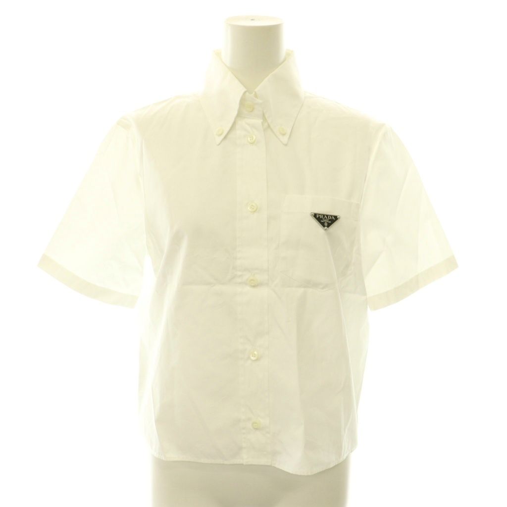 Prada Poplin Shirt Blouse Button Down Triangle Logo 38 White