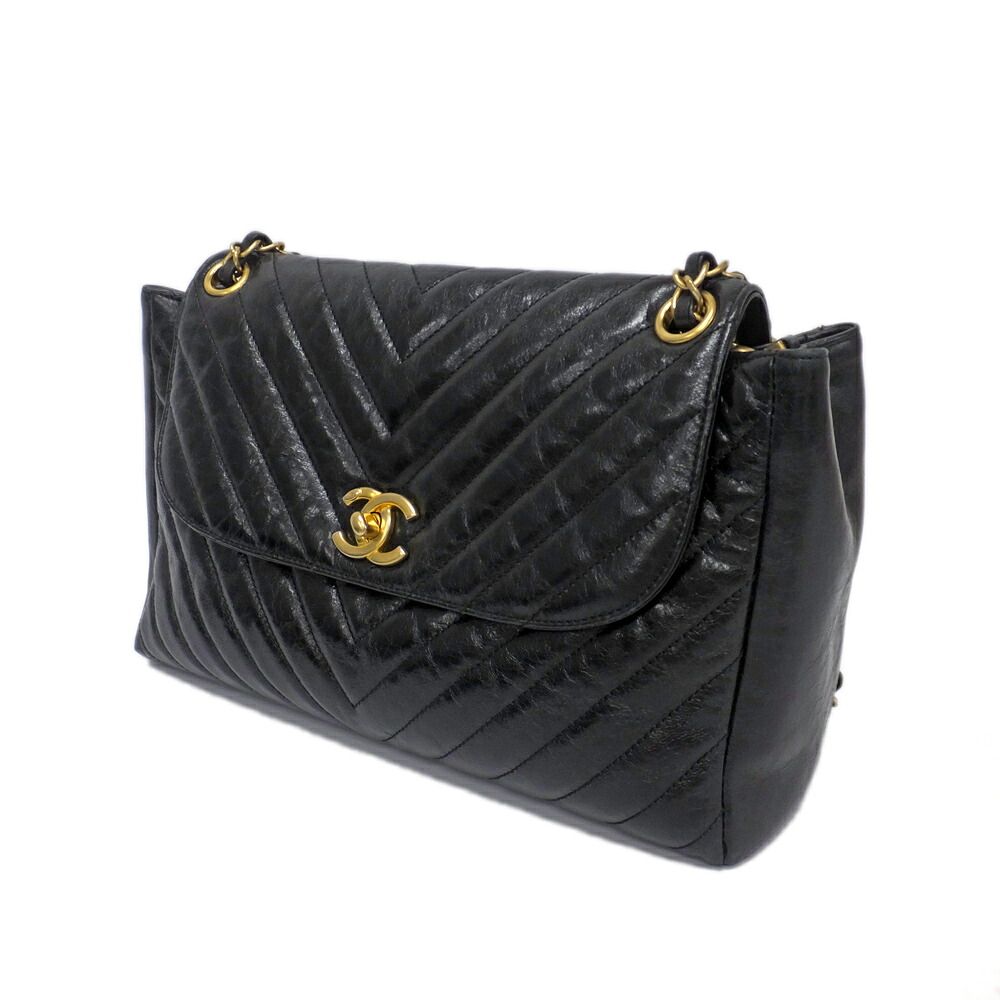 Chanel Chevron Classic Black Chain Shoulder Bag CC Logo Gold — view 8