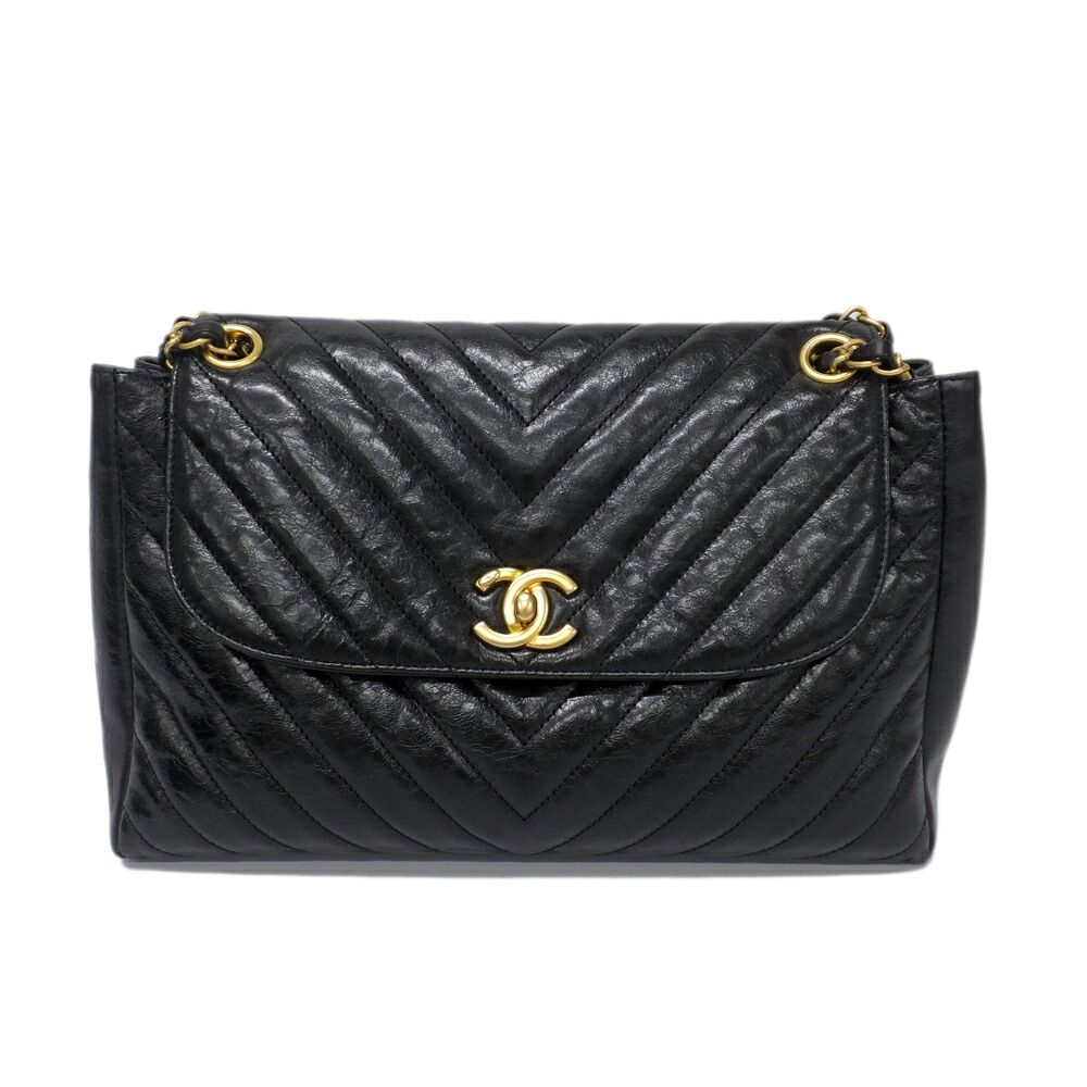 Chanel Chevron Classic Black Chain Shoulder Bag CC Logo Gold