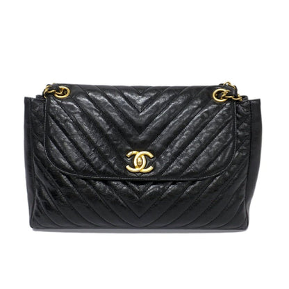 Chanel Chevron Classic Black Chain Shoulder Bag CC Logo Gold