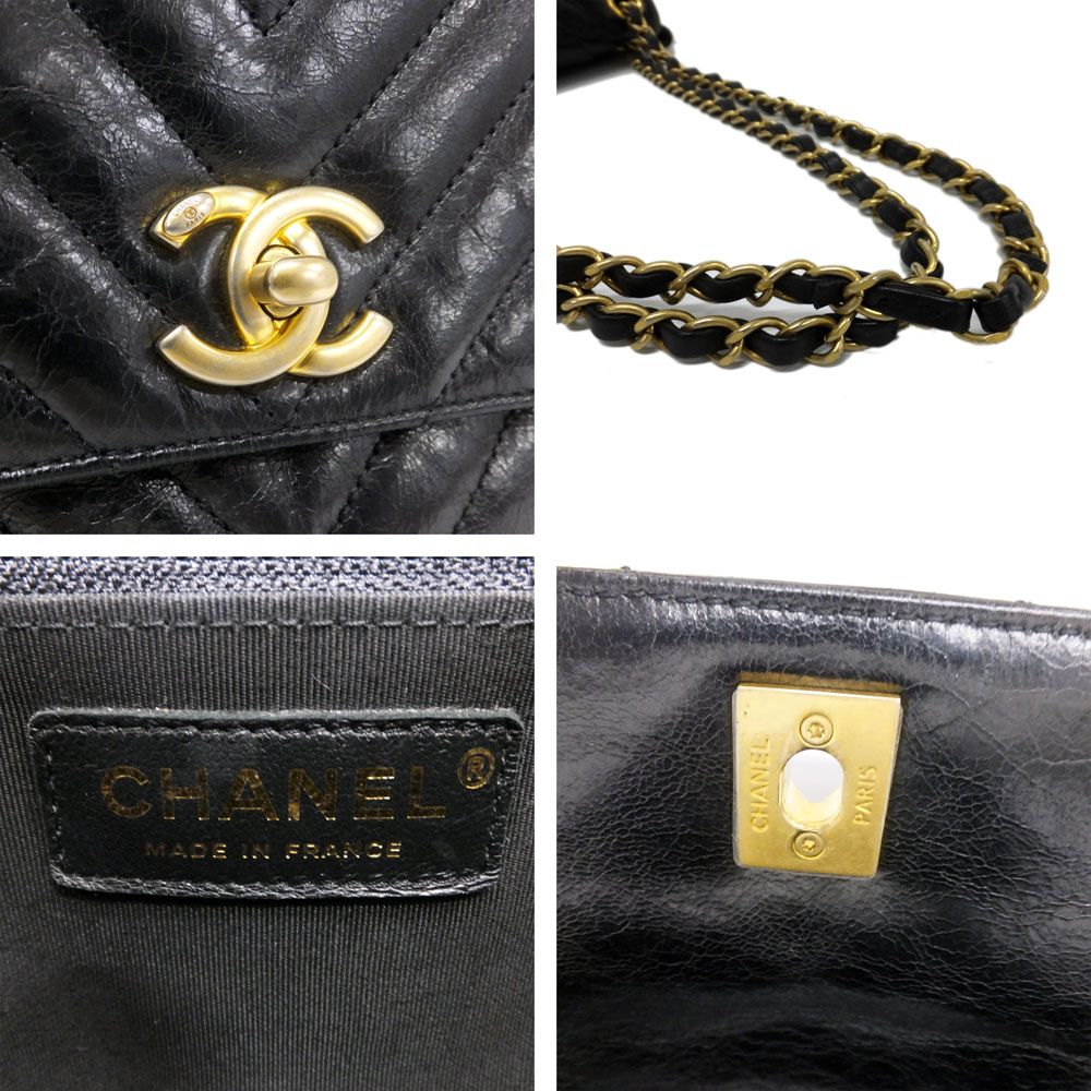 Chanel Chevron Classic Black Chain Shoulder Bag CC Logo Gold — view 6