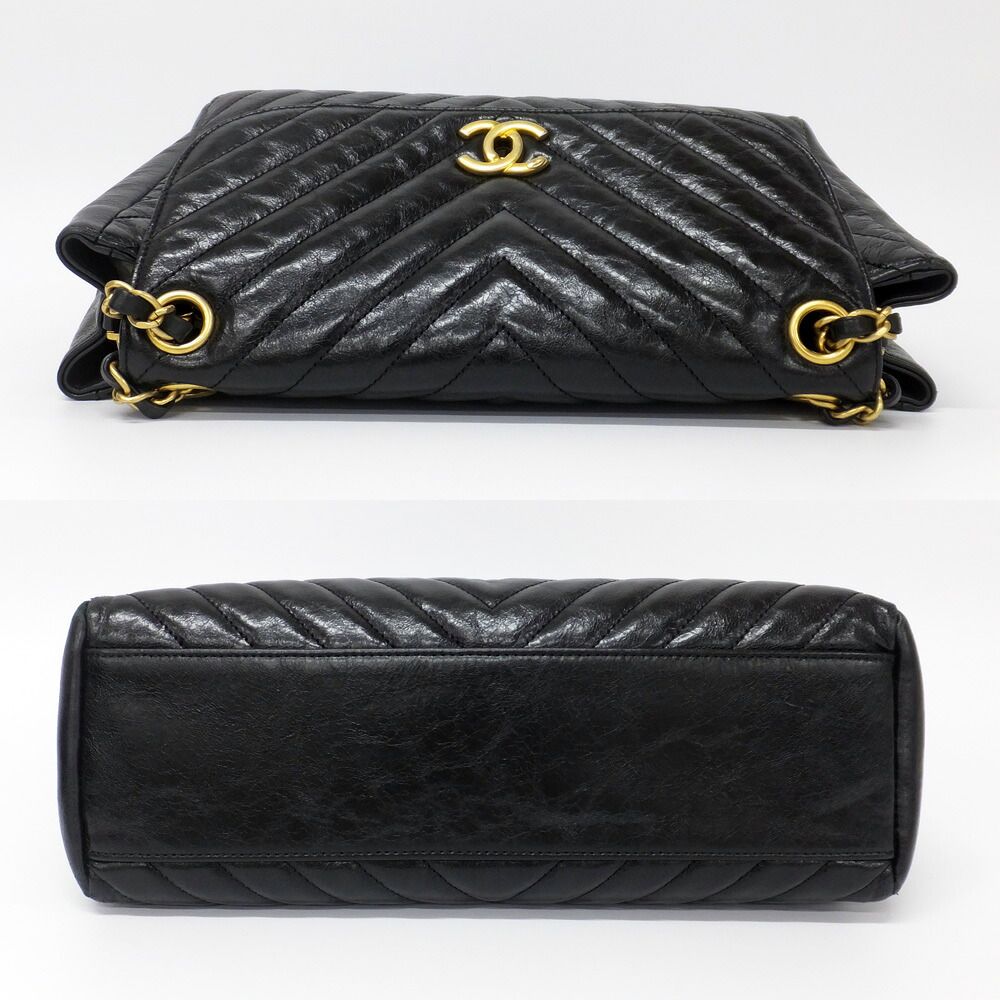 Chanel Chevron Classic Black Chain Shoulder Bag CC Logo Gold — view 4