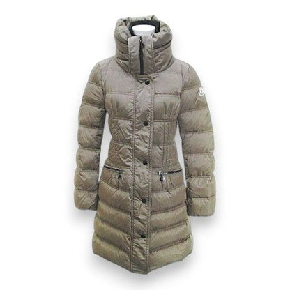 Moncler Vos Down Coat Mid Length 00 Beige Zip Up Logo Embroidery Patch Hair Wool