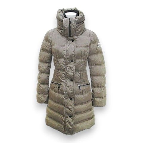 Moncler Vos Down Coat Mid Length 00 Beige Zip Up Logo Embroidery Patch Hair Wool