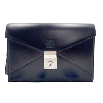 Loewe Clutch Anagram Diplomatico 361.75.001 Black Calf Leather Wristlet Silver