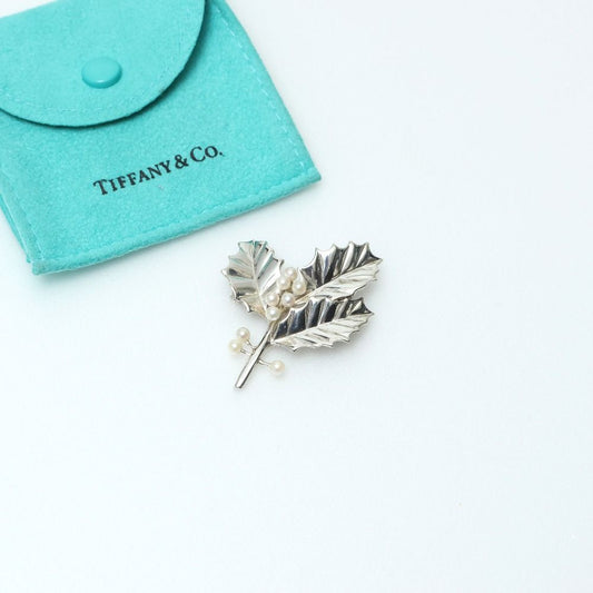 Tiffany & Co Vintage Brooch Holly Pearl Motif 925 Sterling Silver