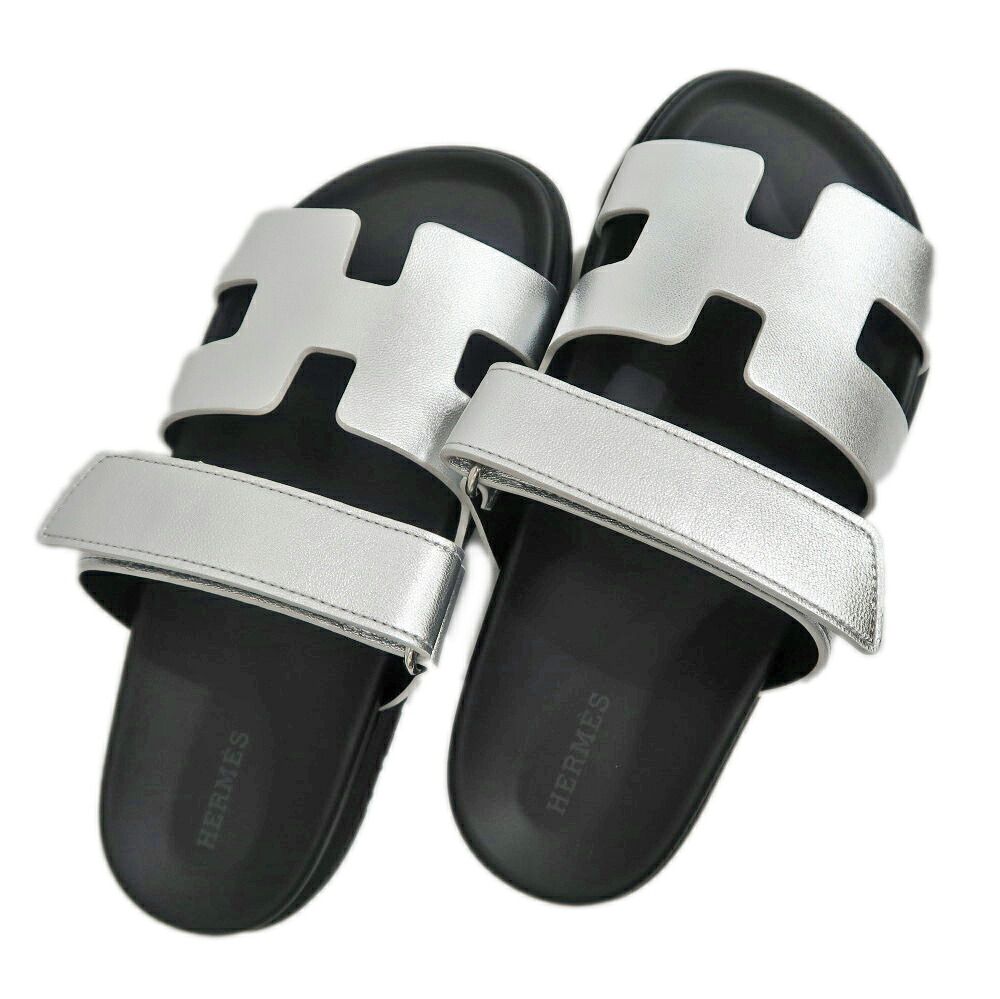 Hermes Chypre Sandals Silver Black Shoes 37.5 — view 7
