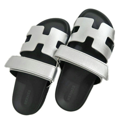 Hermes Chypre Sandals Silver Black Shoes 37.5 — view 7