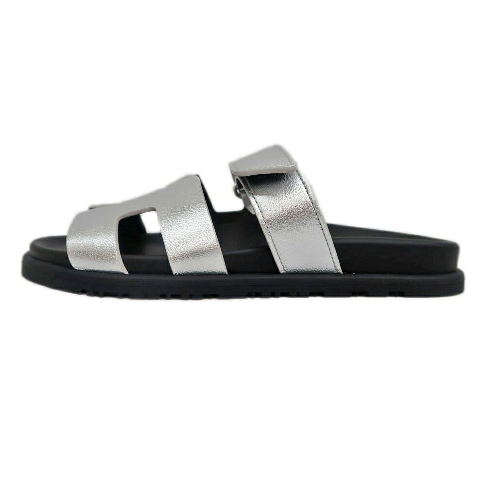 Hermes Chypre Sandals Silver Black Shoes 37.5