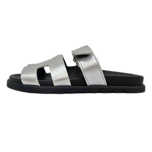 Hermes Chypre Sandals Silver Black Shoes 37.5
