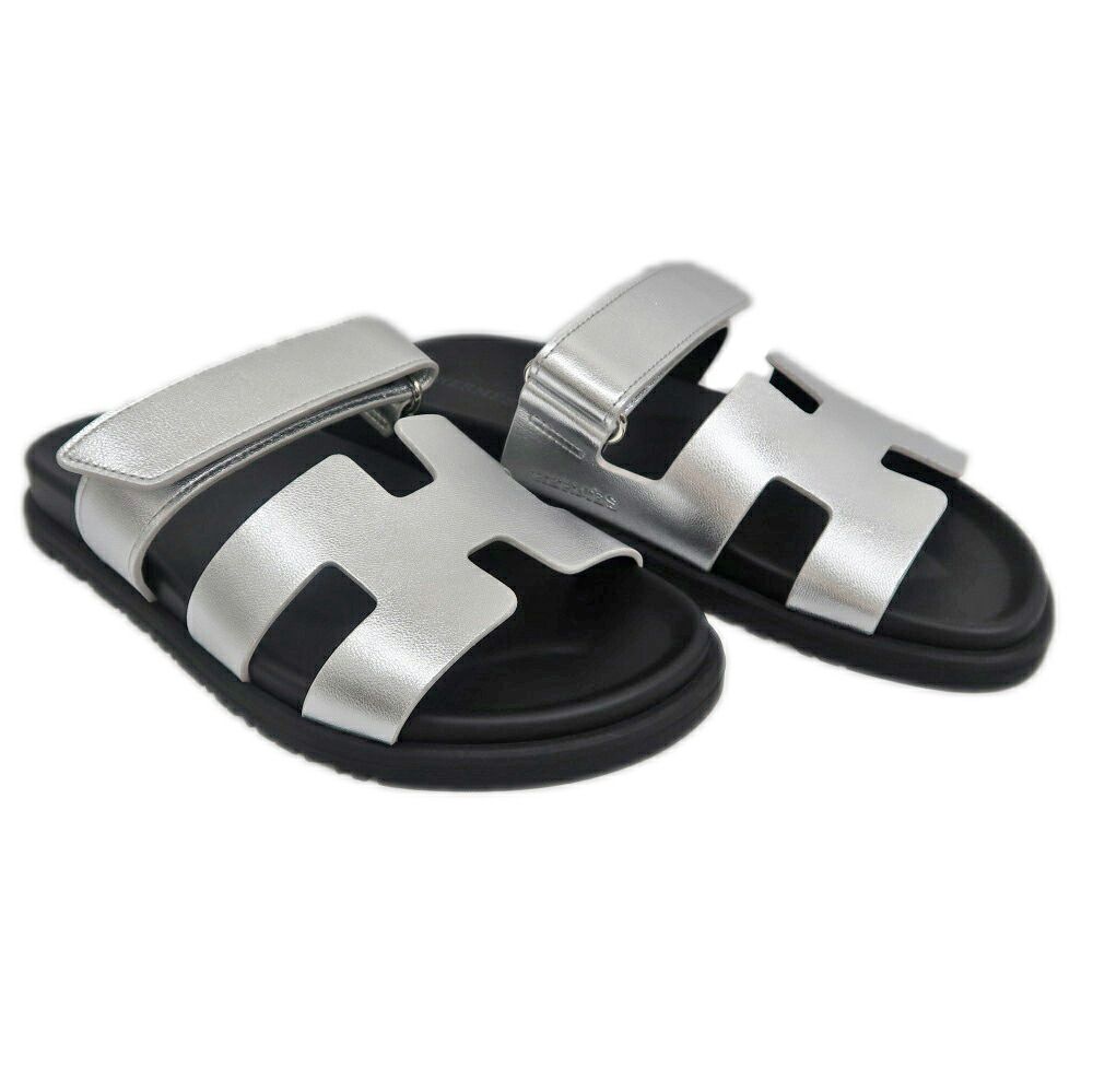 Hermes Chypre Sandals Silver Black Shoes 37.5 — view 2