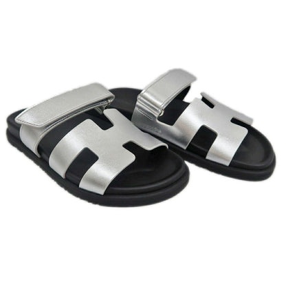 Hermes Chypre Sandals Silver Black Shoes 37.5 — view 2