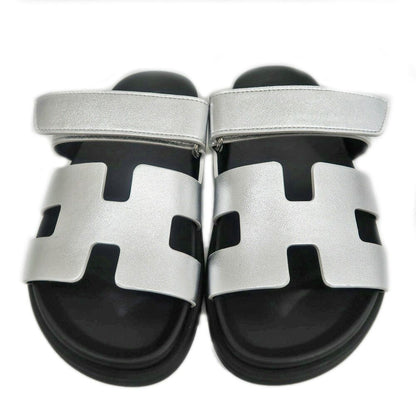 Hermes Chypre Sandals Silver Black Shoes 37.5 — view 3