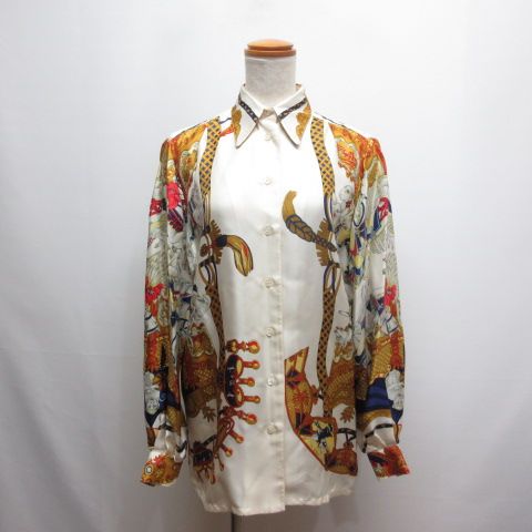 Hermes Vintage Silk Shirt Blouse Merry Go Round Tournez Mane 36 Off White Long