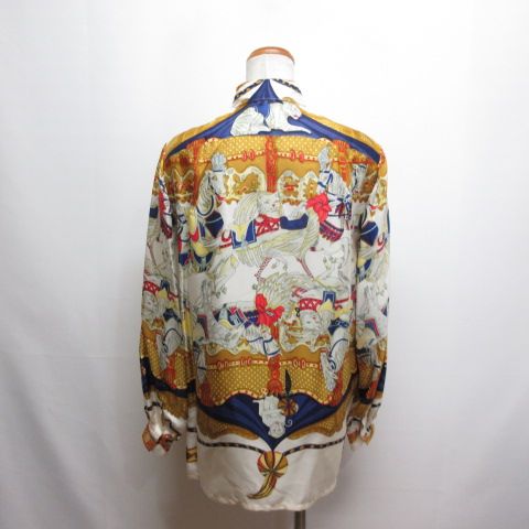 Hermes Vintage Silk Shirt Blouse Merry Go Round Tournez Mane 36 Off White Long — view 3