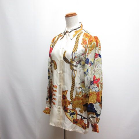 Hermes Vintage Silk Shirt Blouse Merry Go Round Tournez Mane 36 Off White Long — view 2