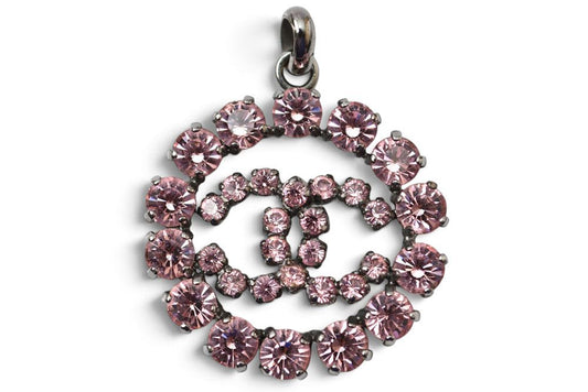 Chanel Pendant Charm CC Logo CC Rhinestone Vintage Pink Silver