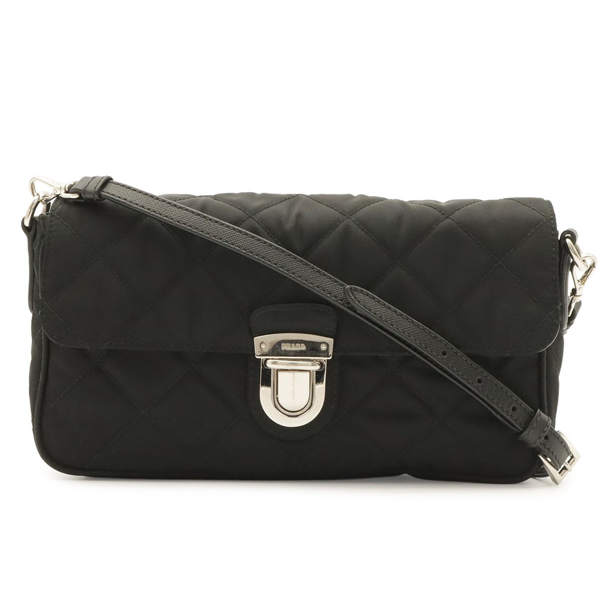 Prada Shoulder Bag Pochette 2-Way Clutch Quilted Nylon Leather Nero Black Silver