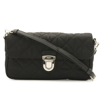 Prada Shoulder Bag Pochette 2-Way Clutch Quilted Nylon Leather Nero Black Silver