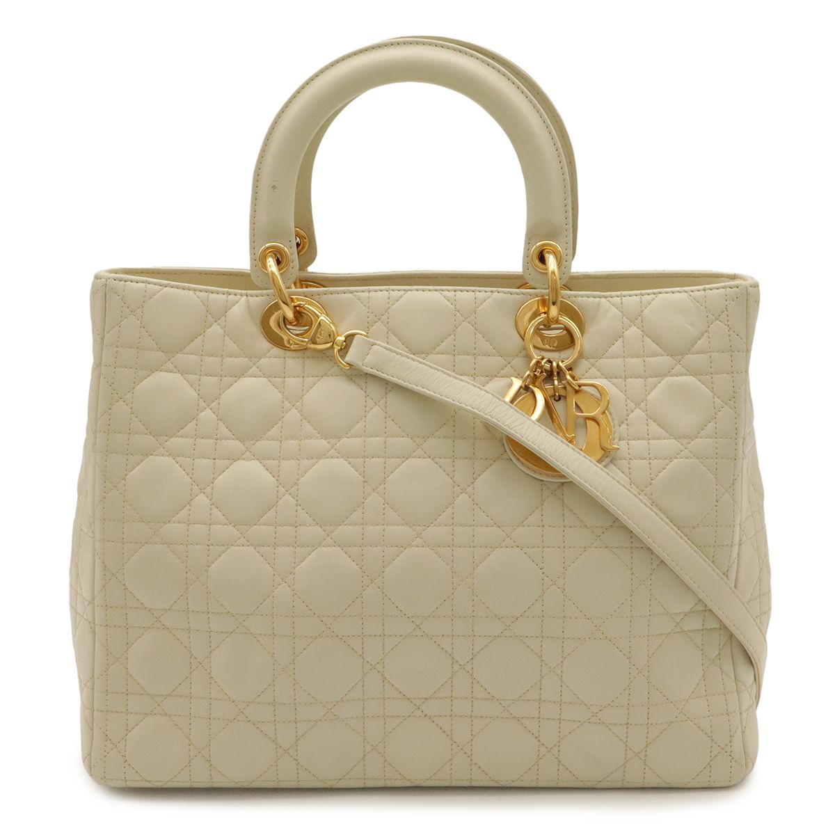 Dior Lady Cannage Handle 2-Way Shoulder Bag Leather Cream Gold
