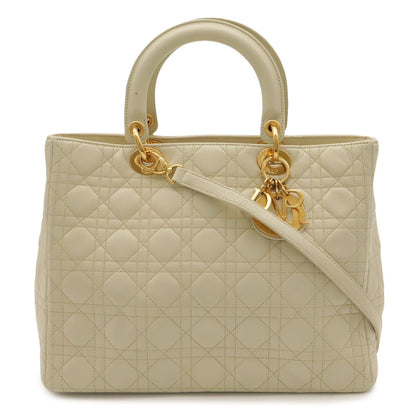 Dior Lady Cannage Handle 2-Way Shoulder Bag Leather Cream Gold
