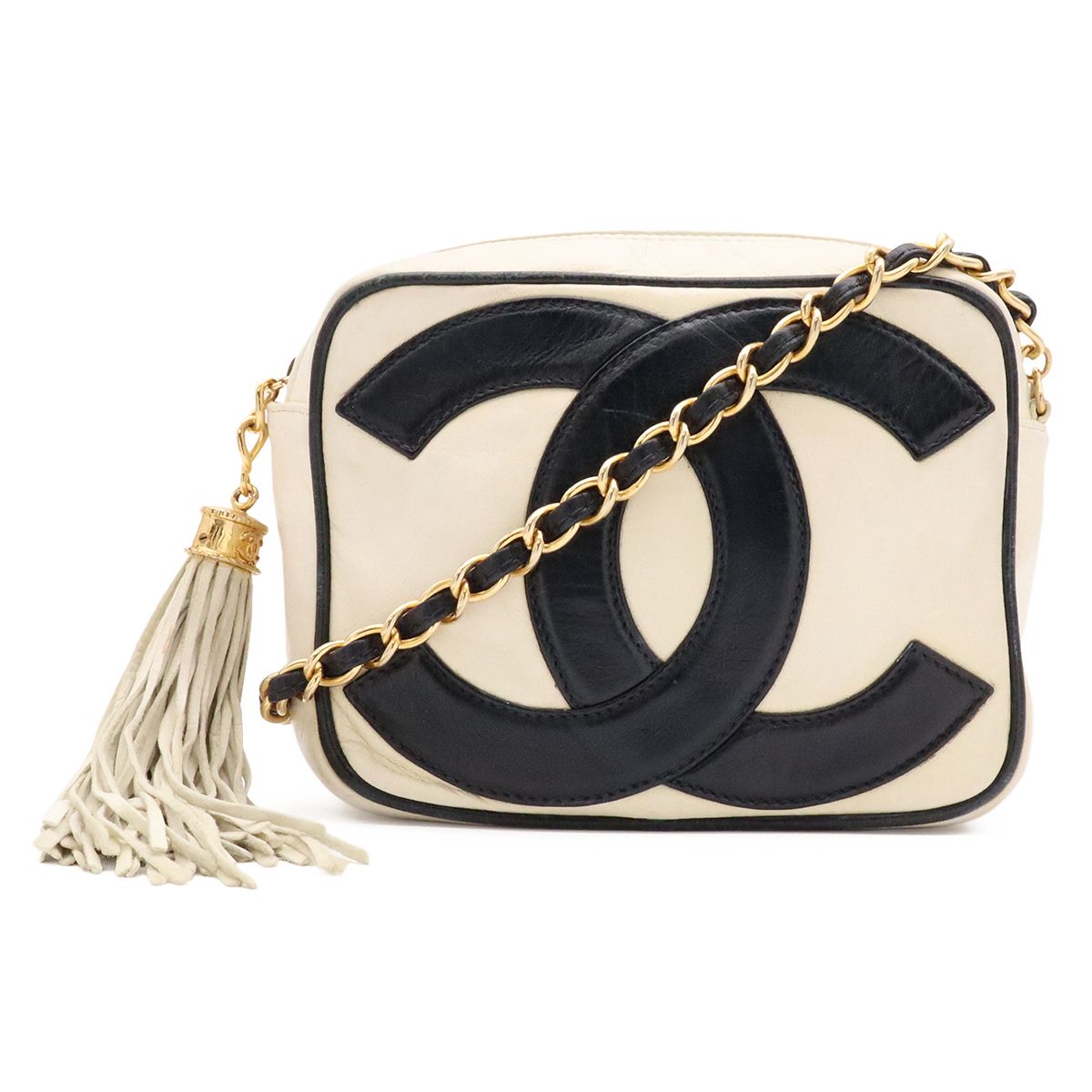 Chanel CC Logo Chain Shoulder Bag Pochette Tassel Fringe Leather Ivory White