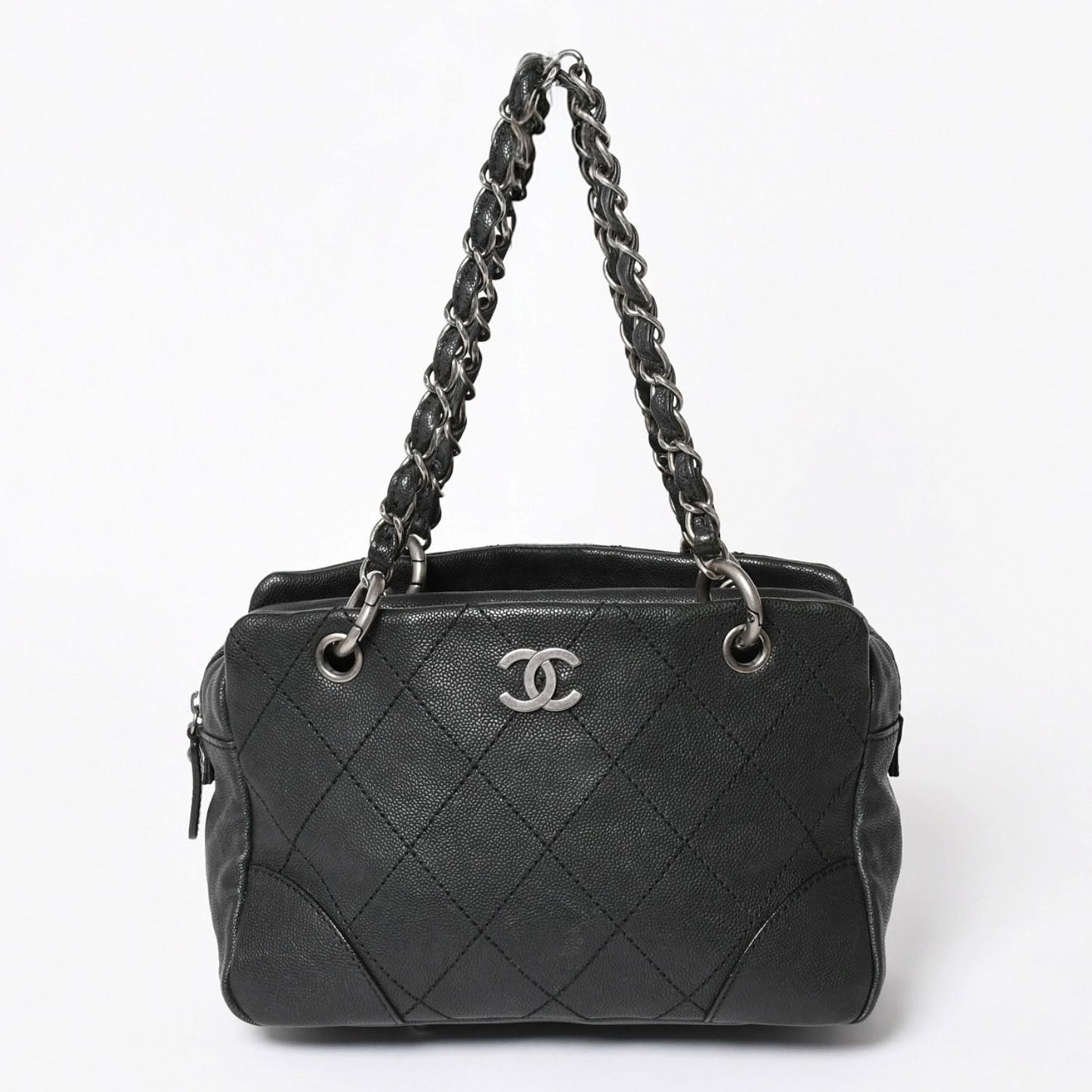 Chanel Wild Stitch Chain Tote Bag CC Logo Caviar Leather Black