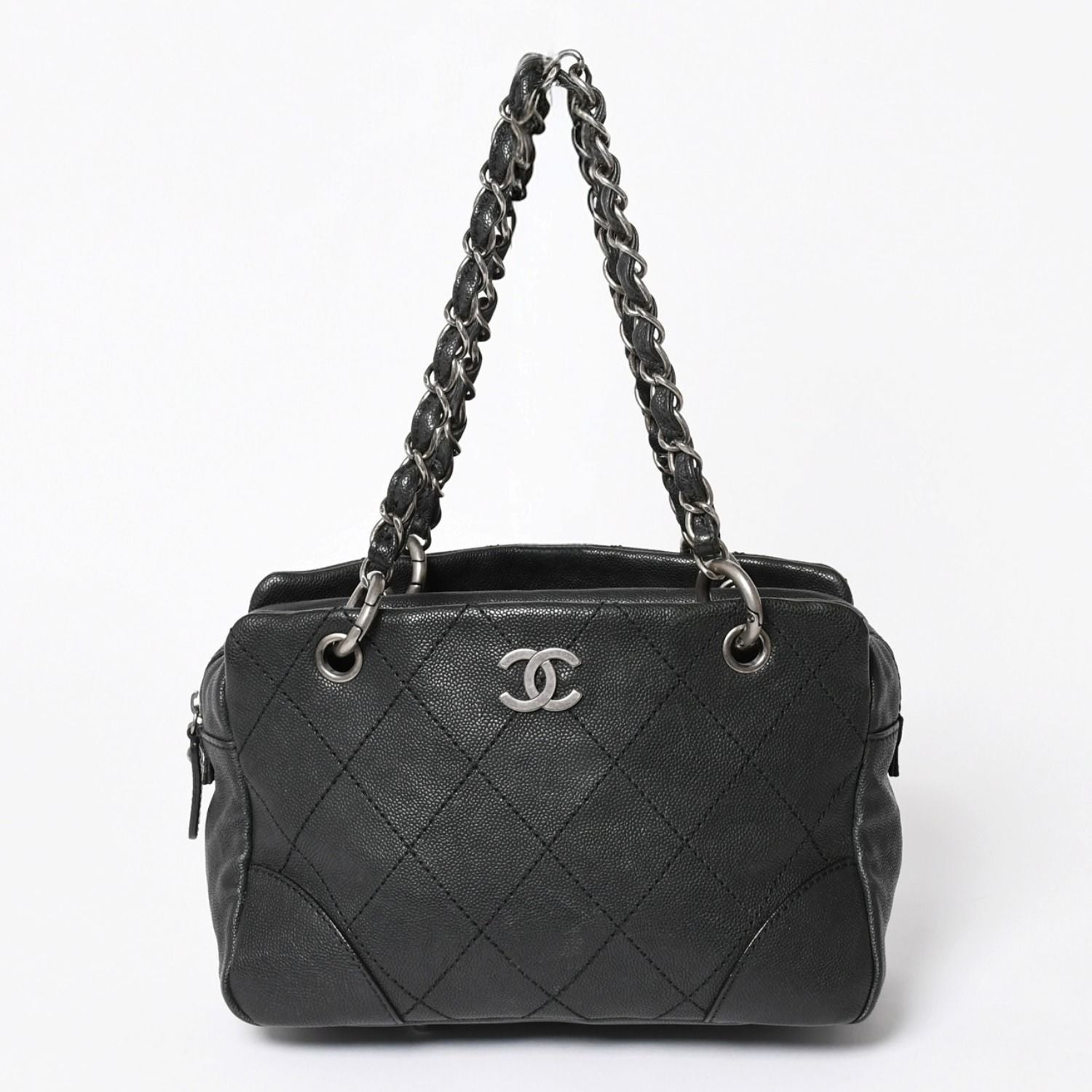 Chanel Wild Stitch Chain Tote Bag CC Logo Caviar Leather Black