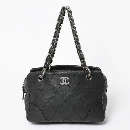 Chanel Wild Stitch Chain Tote Bag CC Logo Caviar Leather Black